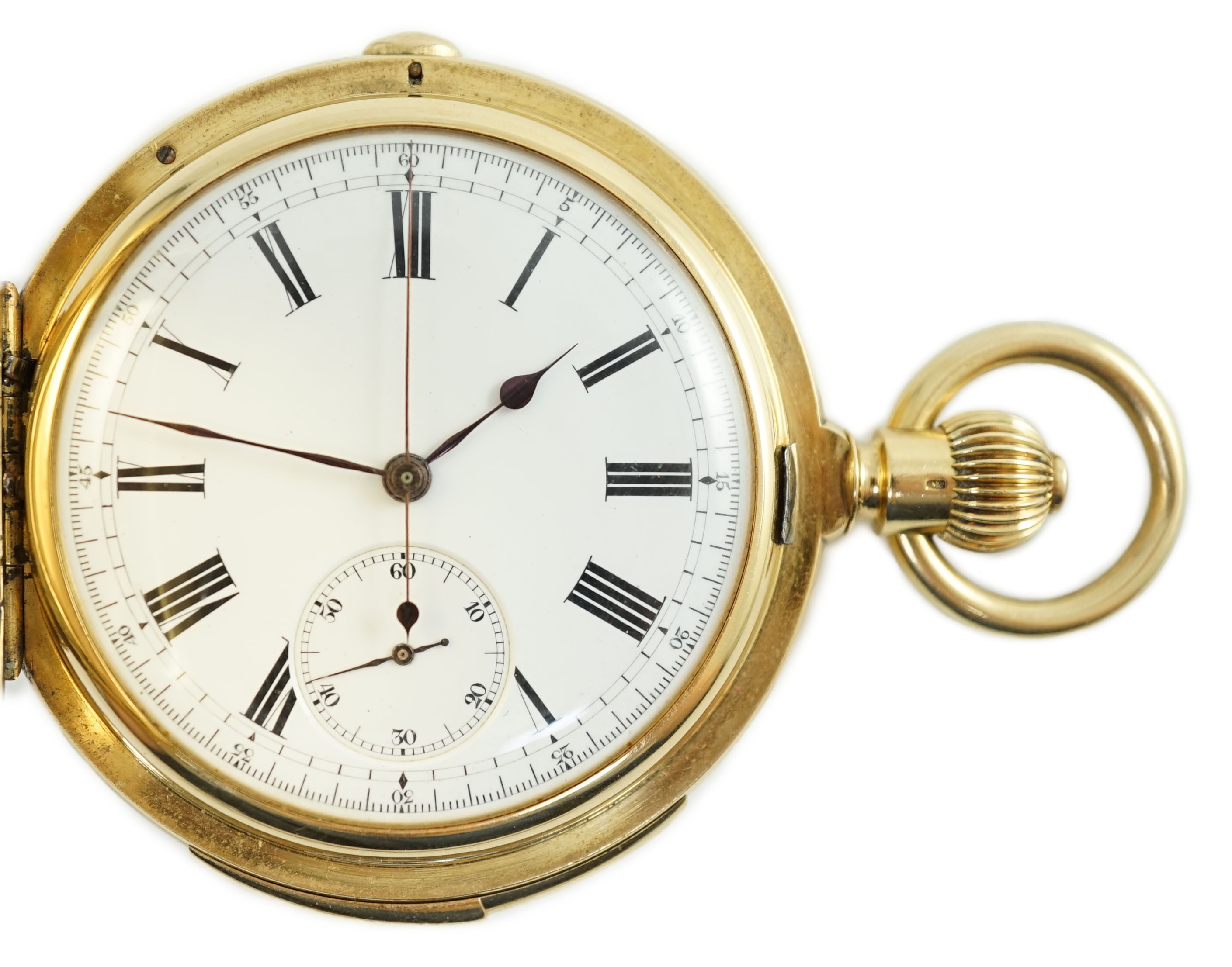 A late 19th Swiss 18k gold keyless hunter minute repeating chronograph pocket watch by U. Montandon Robert